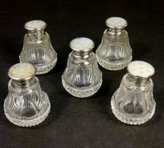 5x Cut Glass Miniature Salt Or Pepper Shakers W/ Sterling Silver Mop Shaker Caps