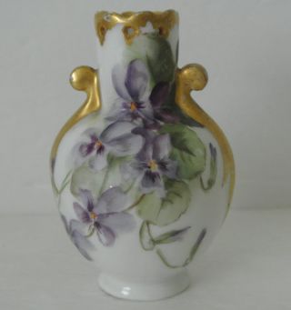 Antique Porcelain Hand Painted Violets 4 " Mini Vase Incised B.  J.  Artist Limoges