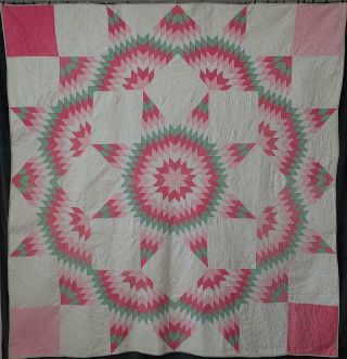 Color Vintage 30s Pink & Green Star Of Bethlehem Quilt 81x78