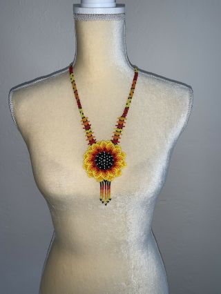 Huichol Mexican Hand Made Jewelry Beaded Folk Art Flower Necklace Boho