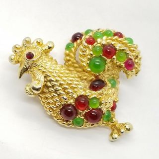Vintage 1968 Christian Dior Gripoix Jelly Belly Rooster Couture Brooch Germany 2