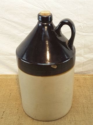 Antique Stoneware Pottery Liquor Wine Jug Two Tone Beige And Brown 1 Gallon