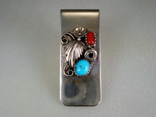 Vintage Navajo Sterling Silver & Turquoise Coral Money Clip