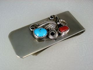 VINTAGE NAVAJO STERLING SILVER & TURQUOISE CORAL MONEY CLIP 2