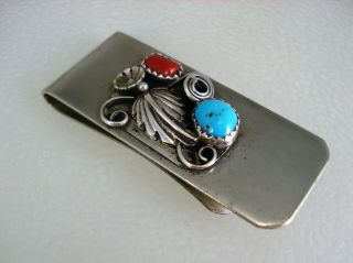 VINTAGE NAVAJO STERLING SILVER & TURQUOISE CORAL MONEY CLIP 3
