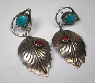 Vintage Native American Sterling/ Turquoise & Red Coral Leaf Stud Earrings