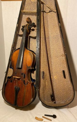 Antique Violin Vintage With Bow And Wood Case Project Or
