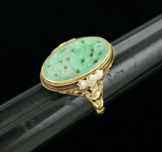 Big Antique Chinese Art Deco Carved Green Jade 14k Gold Filigree Ring - Size 8