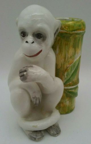 Ceramic Porcelain White Capuchin Monkey W/attached Bamboo Vase Italy Elvis Rare