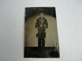 Civil War Tinted Tintype Photograph - Civil War Soldier In Full Dress With Sword