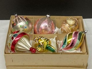 6 Large Antique Vintage Christmas Ornaments Feather Tree Pinks,  Golds Multi