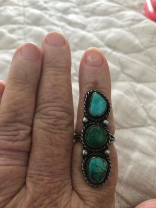 Vintage Native American Navajo 3 Stone Turquoise Signed Sterling Ring