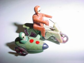 Miniature German Erzgebirge Carved Wooden Man On Motorcycle W Sidecar Penny Toy