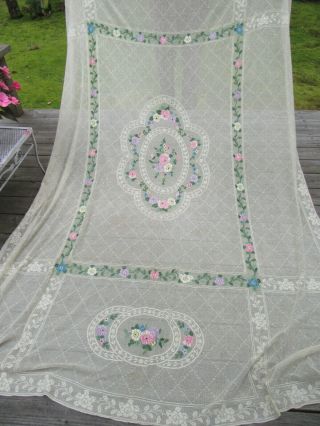 Vintage Net Lace Coverlet Bedspread With Floral Embroidery