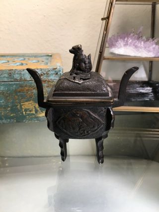 Vintage Bronze Foo Dog Incense Burner Censer