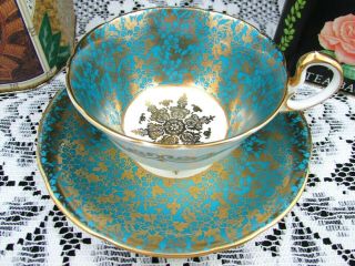 Aynsley Gold Gilt Floral Chintz Aqua Blue Tea Cup And Saucer