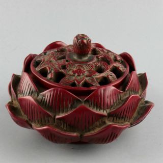 Collect Antique Red Coral Hand - Carved Delicate Noble Lotus Shape Incense Burner