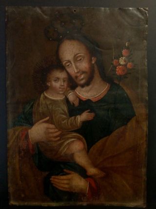 Vintage Retablo Of St Joseph With Christ Child 20 " X 14 "