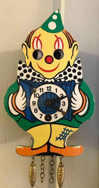 Vintage Novelty Germany Clown Cuckoo Clock Moving Eyes With Key