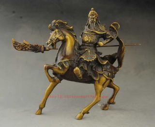 Chinese Brass Warrior Dragon Guan Gong Guanyu God Ride Jump Horse Statue E01