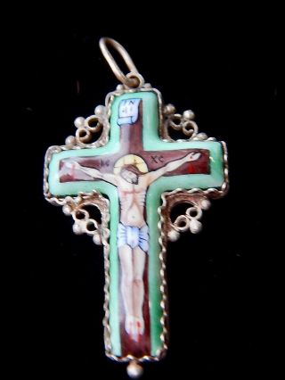 Vtg Cross Crucifix Pendant Blue Enamel Painted Porcelain Filigree 1.  5 " High