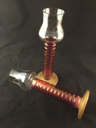 Cranberry Glass Gold Base Antique Candlesticks Hollow Ribbed Stem