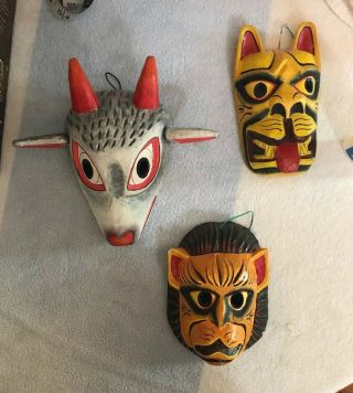 Set Of Three Ecuadorian 6” Hand Carved & Painted Wood Masks Goat,  Lion,  Dog