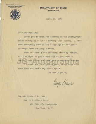 George F.  Kennan - U.  S.  Diplomat: " The Wise Men " Cold War - Signed Letter,  1949