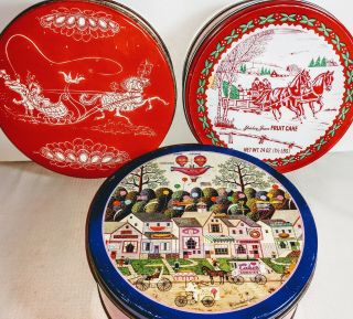 Set Of 3 Cookie Fruit Cake Vintage Tins Horse And Buggy Theme