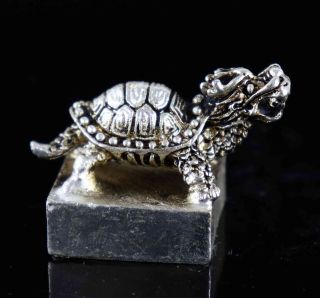 Collect China Tibet Silver Hand Carve Dragon - Tortoise Exorcism Noble Seal Statue 2