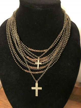 Sisi Amber Multi Strand Necklace With Crosses And Bling Bronze Color Amber Color