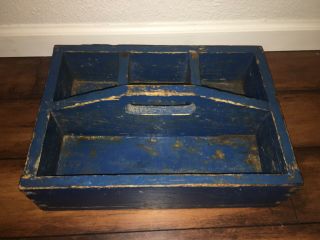 Early Primitive Carpenter Carrier Tool Box Tote Vintage Wooden Caddy Blue Paint