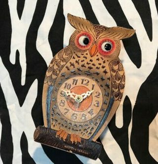 Vintage Western Germany Helmut Kammerer Wagging Eyes Owl Cuckoo Clock Eames Era