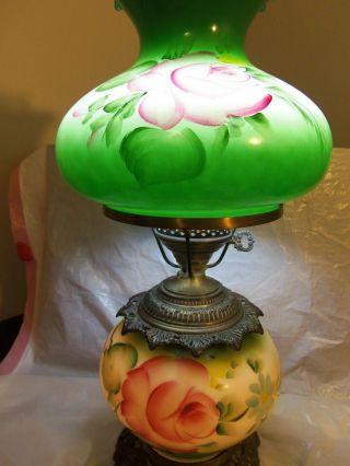 Vintage Brass & Green Floral Glass 3 - Way Table Lamp Gone With The Wind Style
