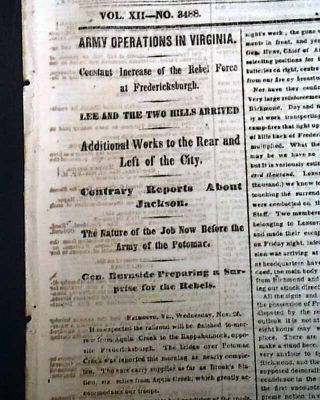 Battle Of Fredericksburg Close W/ Army Of The Potomac 1862 Civil War Newspaper