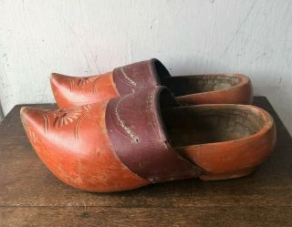Antique Vintage Primitive Dutch Carved Wooden & Leather Clogs Shoes Klompen