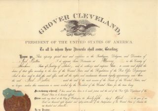 Grover Cleveland Postmaster Appointment Signed Autograph Us President