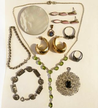 Huge Joblot Of Vintage 925 Silver Jewellery / Necklace Earrings Brooch Ring 68g
