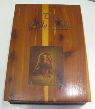 Vintage Cedar Wooden The Holy Bible Storage Box 6 1/2 " X 9 1/2 "