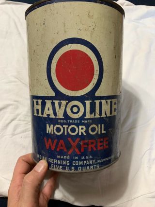 Vintage Havoline Indian Refining Waxfree 5 Quart Motor Oil Can
