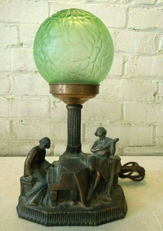 Antique Art Deco Bronze Lamp Depicting A Piano & Lute Player W/green Glass Globe