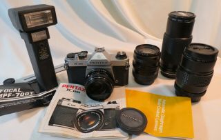 Vintage Asahi Pentax K1000 Slr 35mm Film Camera With 4 Lenses Doubler Flash
