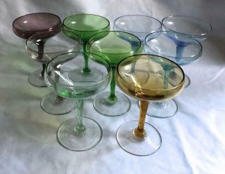Vintage Rare Colored Stemmed Cocktail - Liquor Glasses - Set Of 9