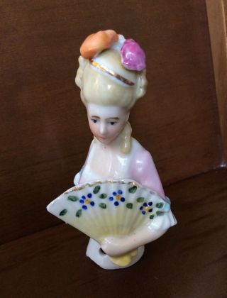 Antique 3 1/2” German Porcelain Half Doll - Sitzendorf Lady With Fan