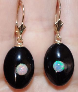 Vintage Gorgeous 14k Black Onyx W Ethiopian Opal Lever Back Earrings
