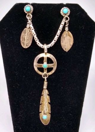 Vintage Sterling Silver Turquoise Pendant Necklace And Earring Set Navajo
