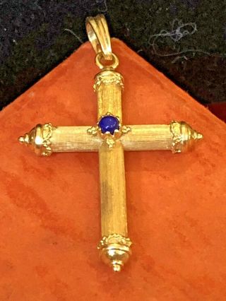 Vintage Estate 18k Gold Cross Blue Lapis Made In Italy Marked 750 Gemstone