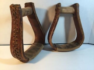 Antique Wood & Leather Saddle Stirrups Pair Rustic Western Decor