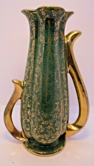 Pearl China Co 22kt Gold Vase Green 8 1/2 " Hand Painted Usa Vintage