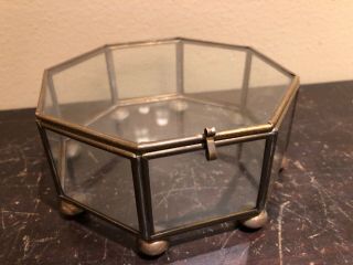 Vint Brass & Clear Glass Footed Display Case Box For Jewelry Trinkets Octagon